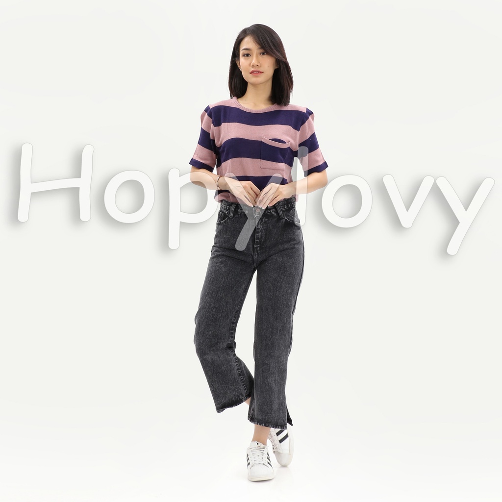 HOPYLOVY Celana Kulot Jeans Boyfriend Jeans Wanita Side Slit Wineta