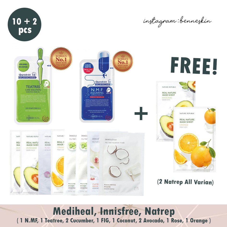 [10 PCS + FREE 2] Bundle Sheet Mask Mediheal Innisfree Nature Republic