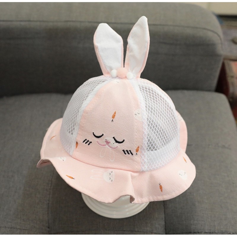 Topi Bucket Anak Bayi Telinga Bentuk Rabbit Carrot Ruffle-Pink muda jaring