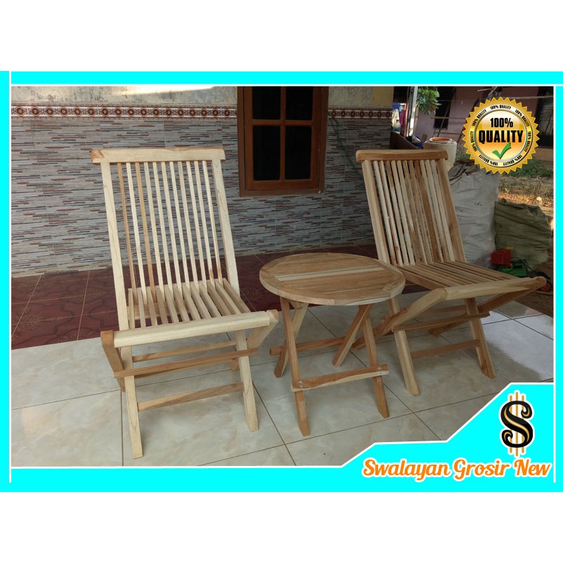 SG01 SET MEJA KURSI TERAS TAMU LIPAT RUMAH CAFE MOTIF BUNDAR SALUR KAYU JATI KECIL MINIMALIS SET