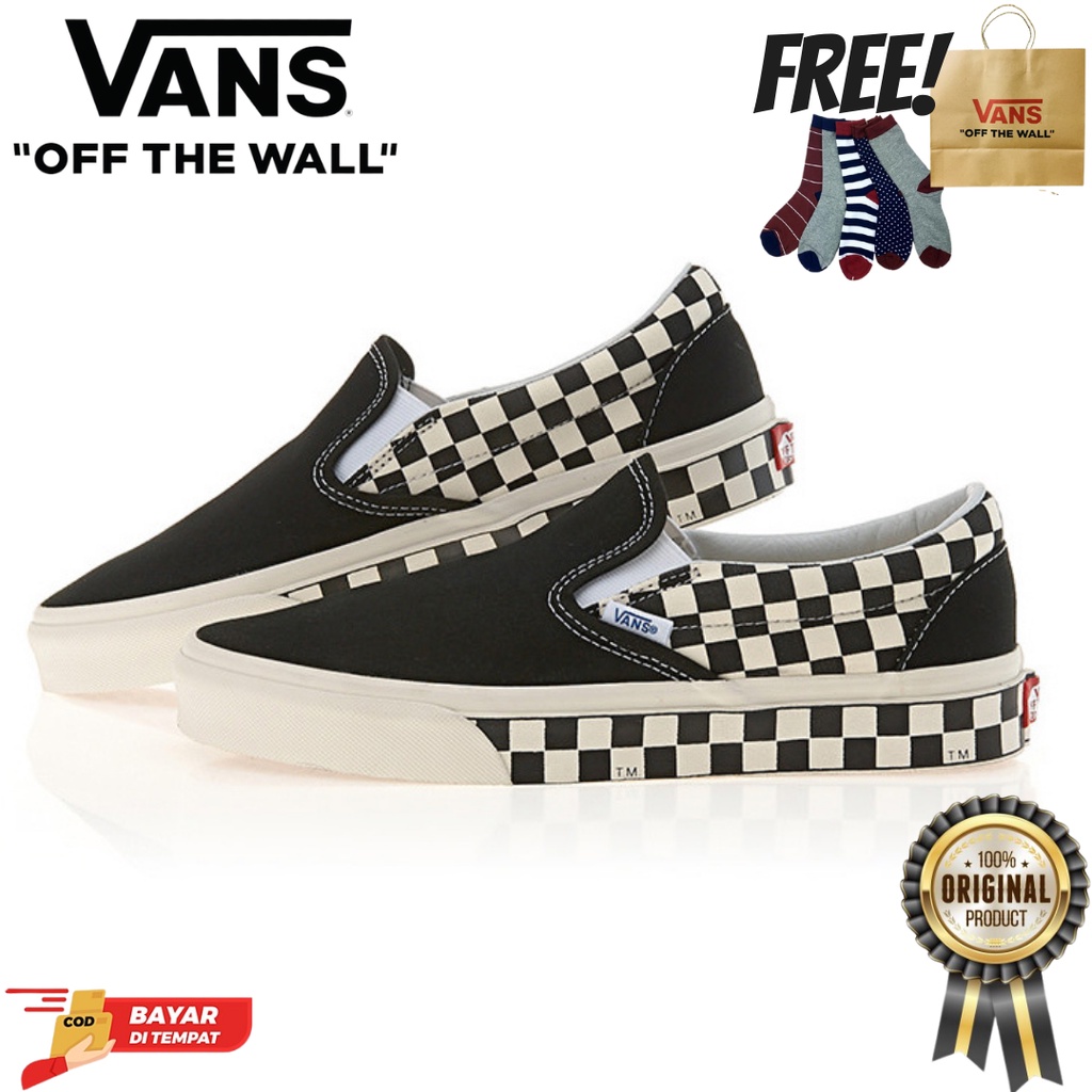 SALE DISKON! V4NS SLIP-ON SIDEWALL CHECKERBOARD BLACK/WHITE CLASSIC 100% ORIGINAL BNIB