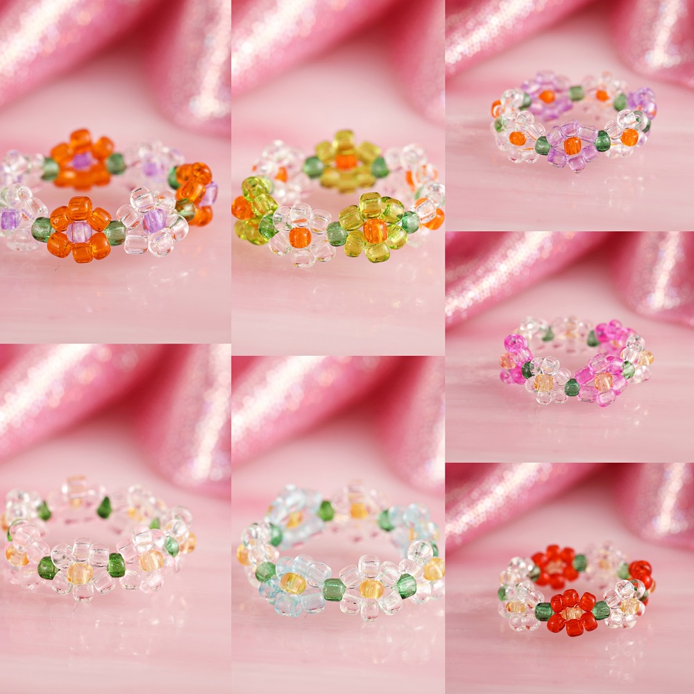 Ins Korean Colorful Beads Rings Fashion Flowers Ring Transparent Bead Women Jewelry Accessories Gift