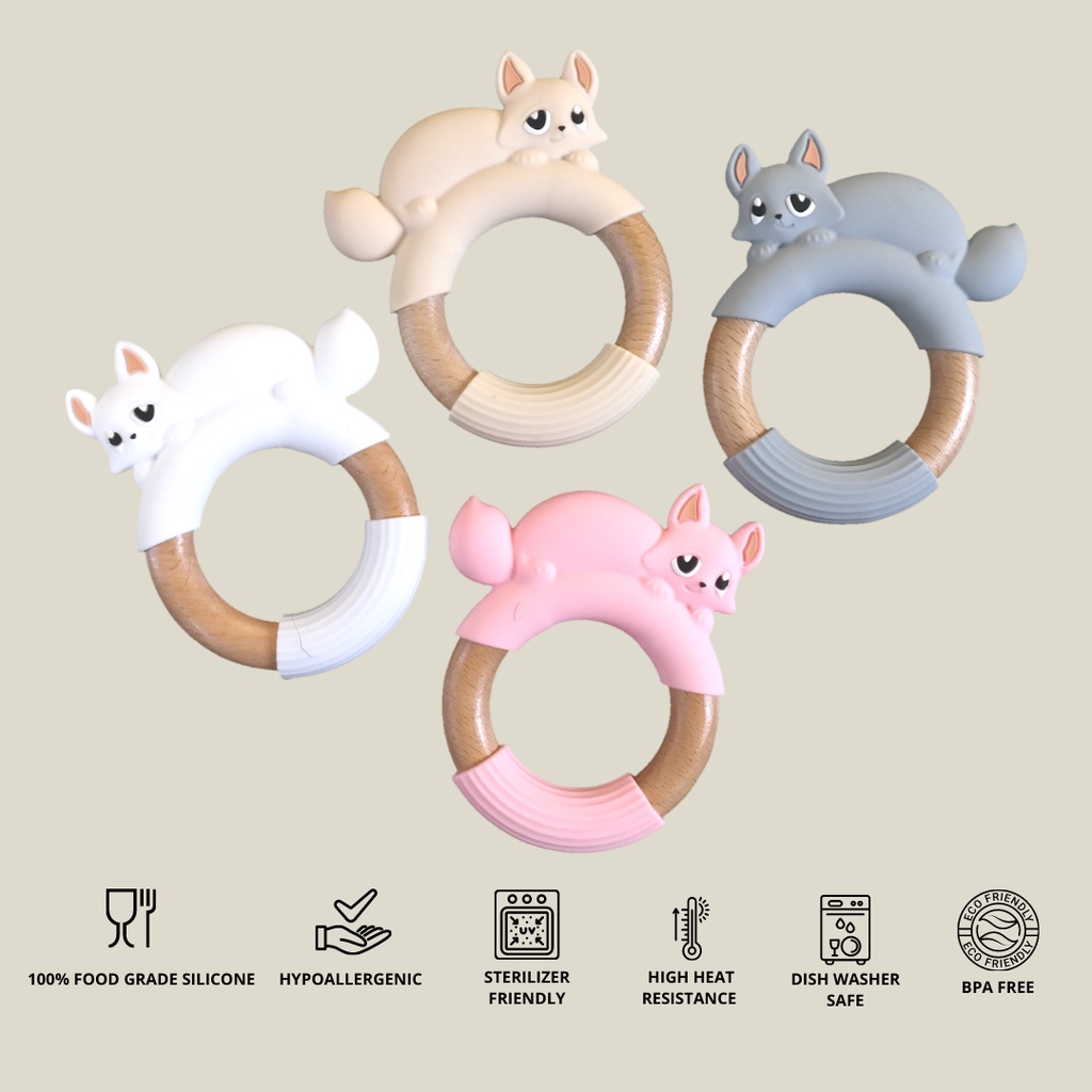 WOODEN - SILICONE BABY TEETHER FOX RING