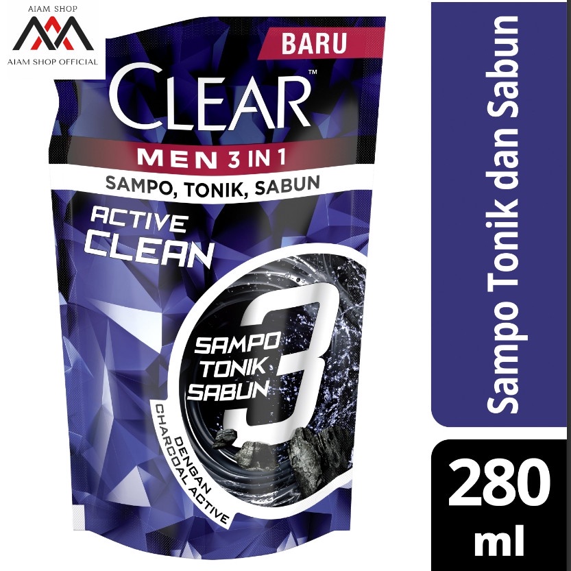 Clear Shampo Men 3in1 Active Clean Reffil (Shampo,Sabun,Tonik) - 280ml
