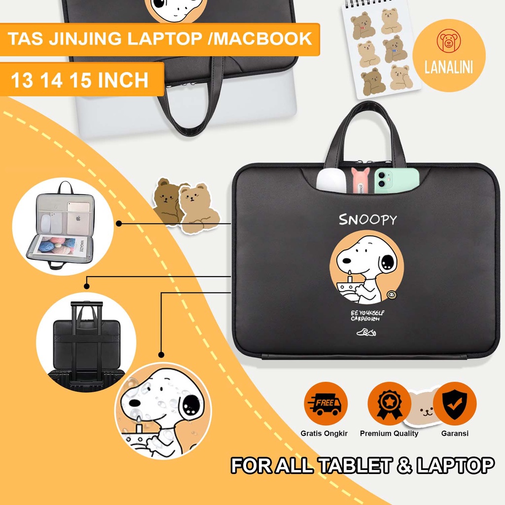 Sleeve Pouch Sarung Tas Bag Case Ipad Tab Tablet Macbook Air Pro Laptop Asus Acer Lenovo HP Huawei 11 12 13 14 15 inch Motif Gambar Kartun Cartoon Snoopy Kotak Warna Hitam Black Cute Murah Korean Model Jinjing Tali Strap Waterproof Tahan Air