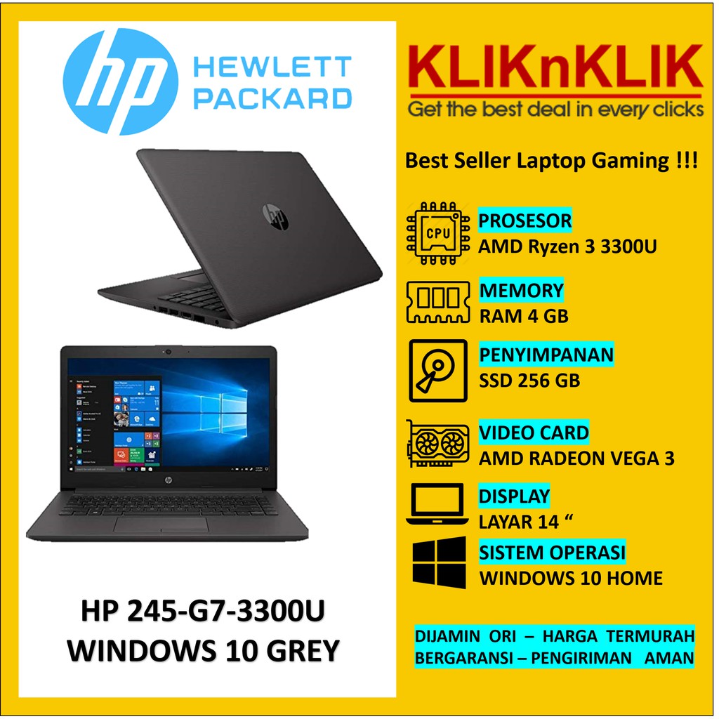LAPTOP HP 245-G7 RYZEN 3-3300U RAM 4GB SSD 256GB WIN10 GREY
