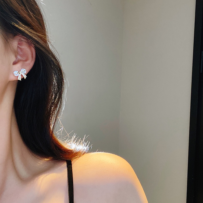 Anting Stud Zircon Bentuk Pita Untuk Perhiasan Wanita