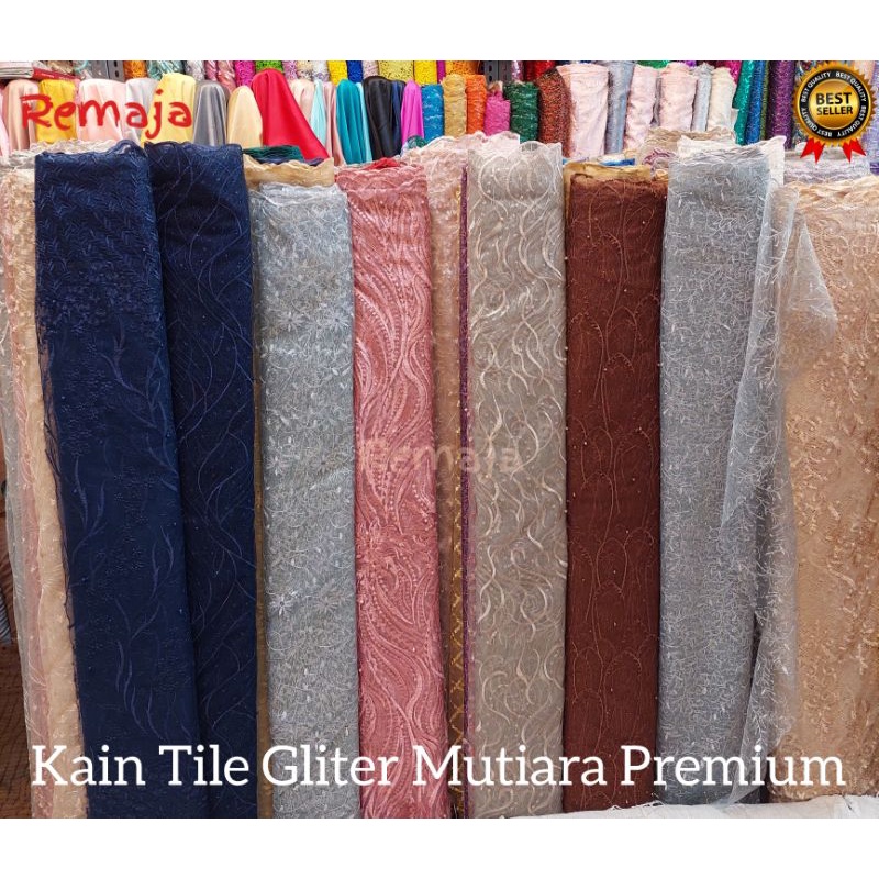 Kain Tile Gliter motif mutiara / Renda brokat tile Premium Quality
