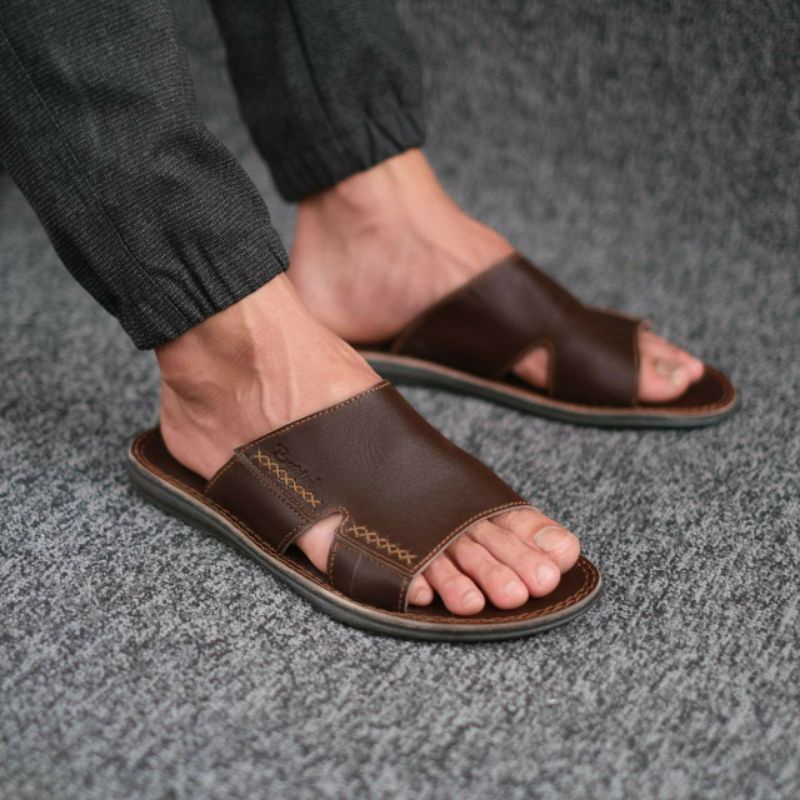 BRLN 001 Brown Sandal Pria Keren Kulit Asli Sendal Slide Casual Santai Main Original Full Leather