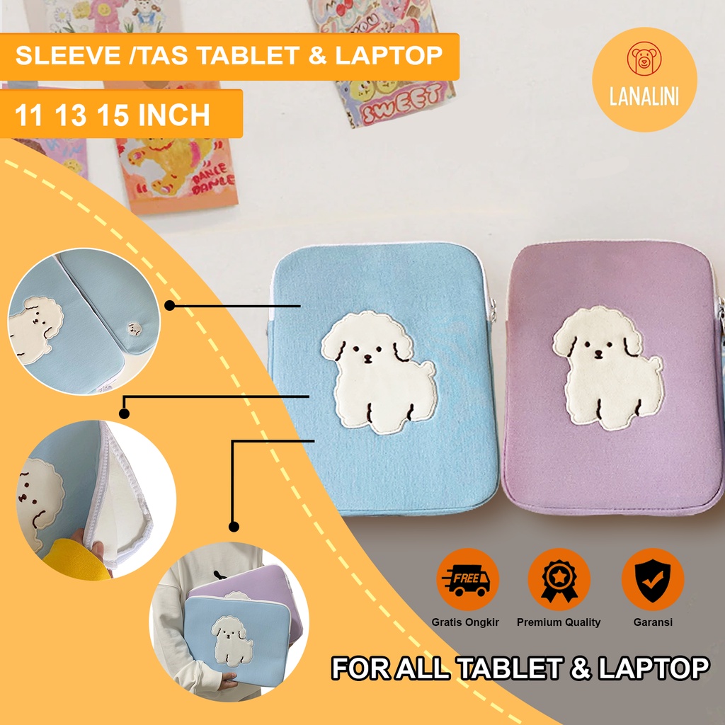 Sleeve Pouch Sarung Tas Bag Case Ipad Tab Tablet Macbook Air Pro Laptop Asus Acer Lenovo HP Huawei 11 12 13 14 15 inch Motif Gambar Puppy Anjing Warna Biru Ungu Lilac Lucu Cute Murah Korean Model