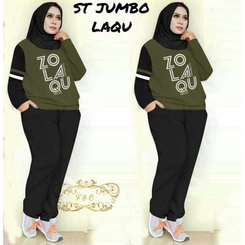 SET LAQU JUMBO FASHION PAKAIAN WANITA SETELAN ATASAN DAN CELANA TRAINING ZOLU BIGSIZE FEHM