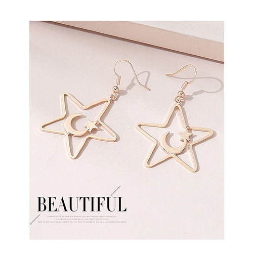 LRC Anting Gantung Fashion Golden Moon Pentagram Earrings Y65605