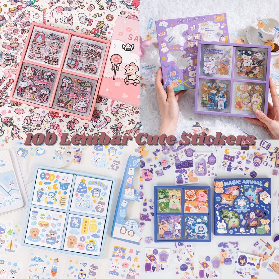

100 LEMBAR/ BOX Sticker Lucu Cute Stiker Decorative Tahan Air PVC Bear Cat Bunny Girl Deco Sticker