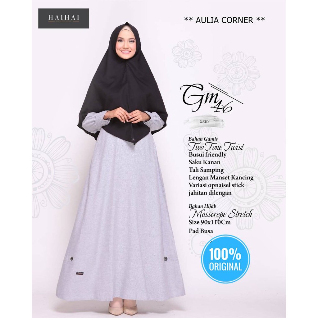Busana Muslim Lebaran Gamis Pesta Haihai GM 46 Grey Kualitas Branded