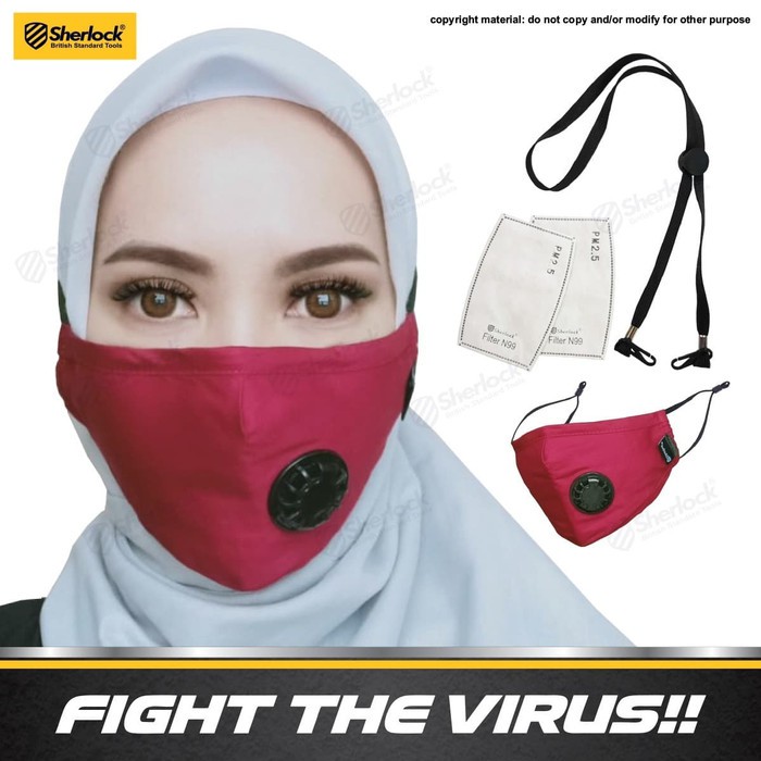 Masker Kain Hijab Respirator / Sherlock With N99 Carbon Filter - Merah