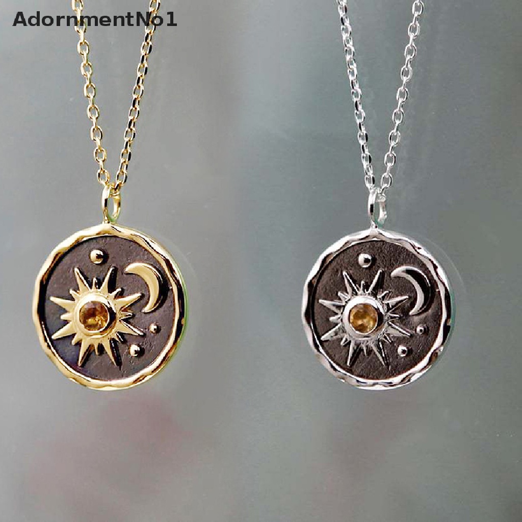 (AdornmentNo1) Kalung Rantai Dengan Liontin Matahari + Bulan Bahan Stainless steel Gaya Vintage Untuk Wanita