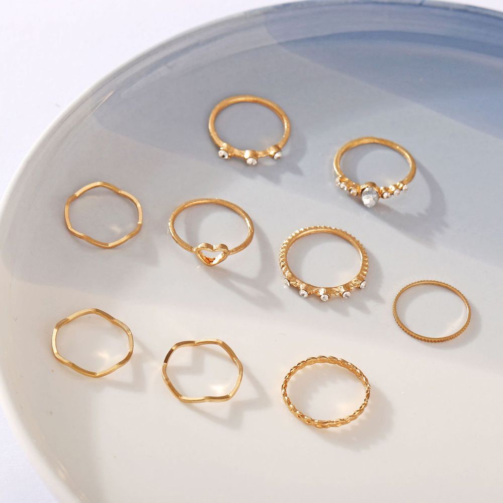 Cincin Set Fashion 9 pcs/set Retro Vintage Batu Gold Emas Hati Berlian Bohemian Korea Dalika