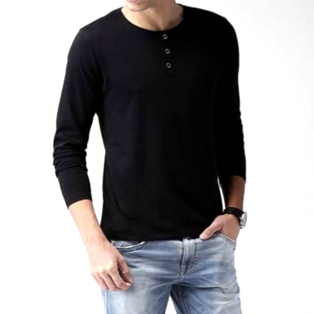 Kaos Henley Kancing LENGAN PANJANG - HITAM