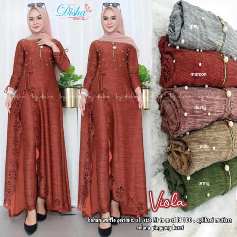 Setelan Dress Wanita Muslim Terbaru Kekinian Viola By Disha Aplikasi mutiara Celana Pinggang Karet K