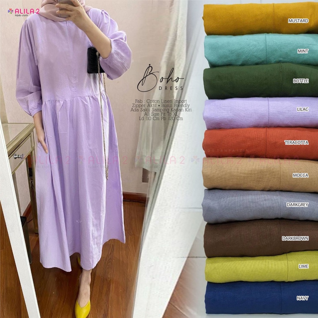 BOHO DRESS GAMIS POLOS LINEN BUSUI ORI ALILA