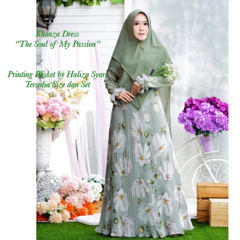 PROMO Amirah plisket printing green (dress only) original by haliza syari premium