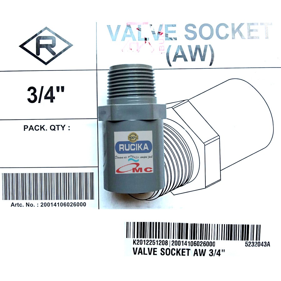 Sambungan Pralon Valve Socket Aw Sock Sok Drat Luar 3/4 Inch RUCIKA