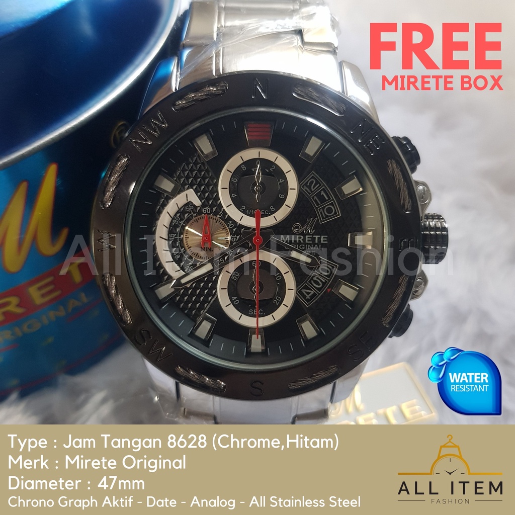 Jam Tangan Chrono Rantai MIRETE 8628 / Jam Tangan Pria Anti Air ORI / Arloji / Watches (FREE BOX)