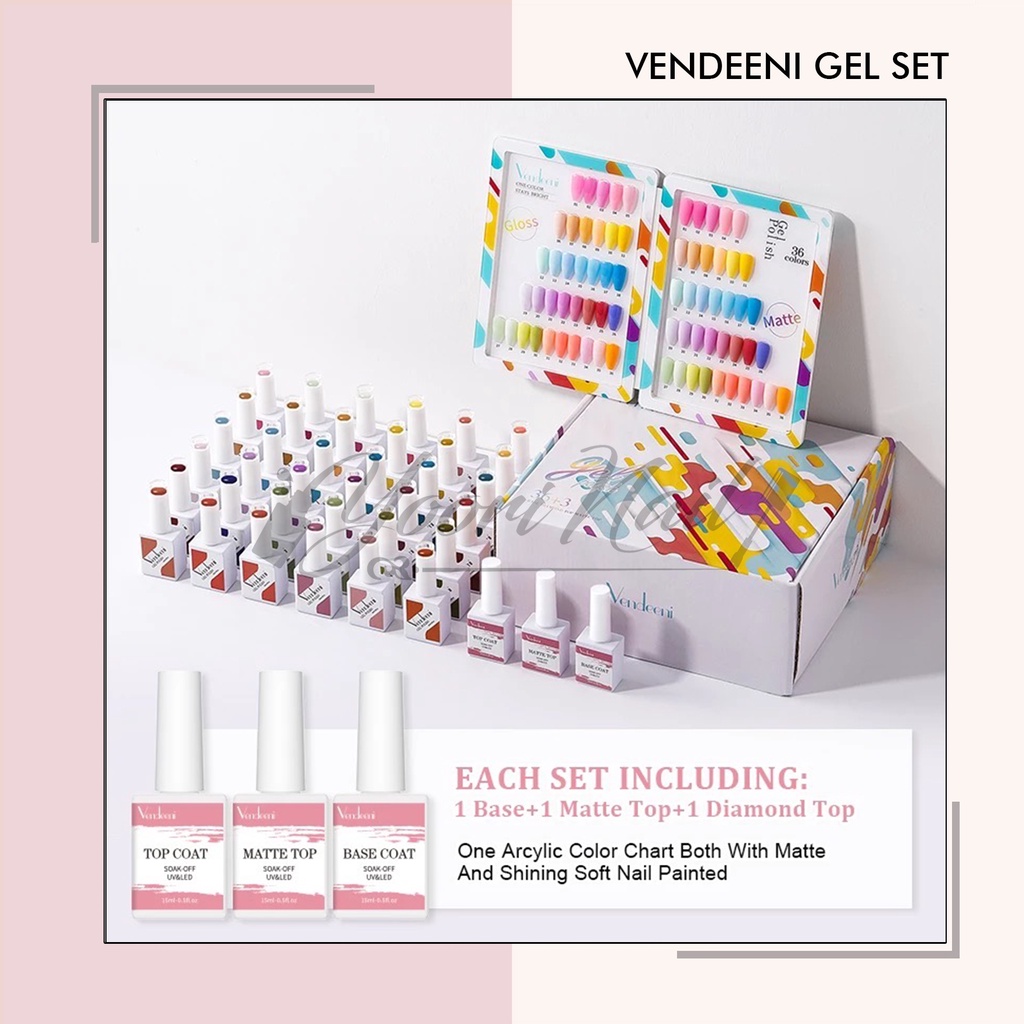 Vendeeni set gel polish 36 set warna box top base top matte vendeeni nail gel paket gel polish kutek