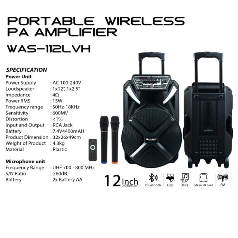 Speaker Portable Meeting Wireless USB Bluetooth AIWA 12 Inch WAS 112LVH Aktif 12 inch Aiwa Original