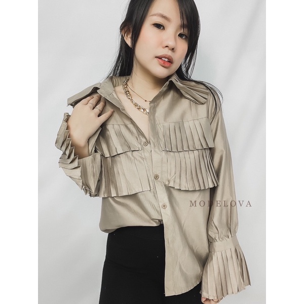 MDLV ~ 2080# marverica pleated shirt Blouse Korea Blouse Premium Blouse Import Atasan Lengan Panjang Kemeja Korean style Fashion import