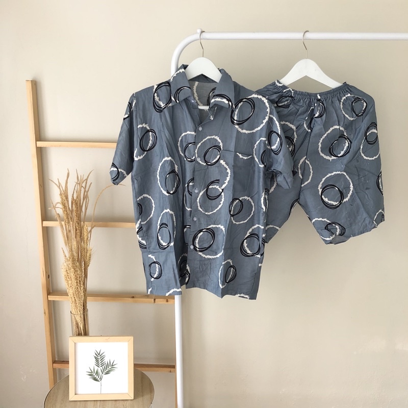 hirafa - One Set Setelan Atas Bawah Full Kancing / Baju Santai Tie Dye / Baju Wanita Pria-Double Ring - Grey