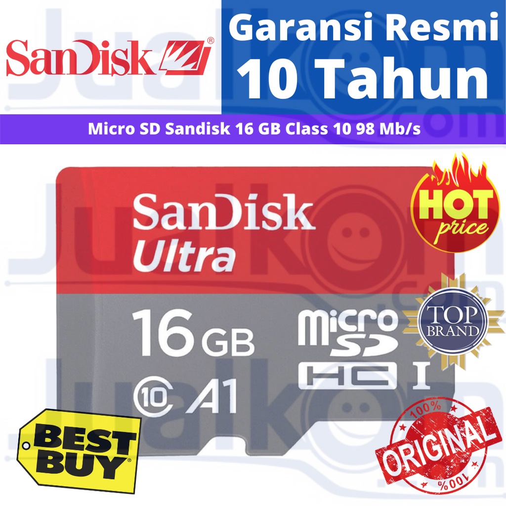 Sandisk Micro SD 16GB Class 10 98Mb/s Resmi Non Adaptor