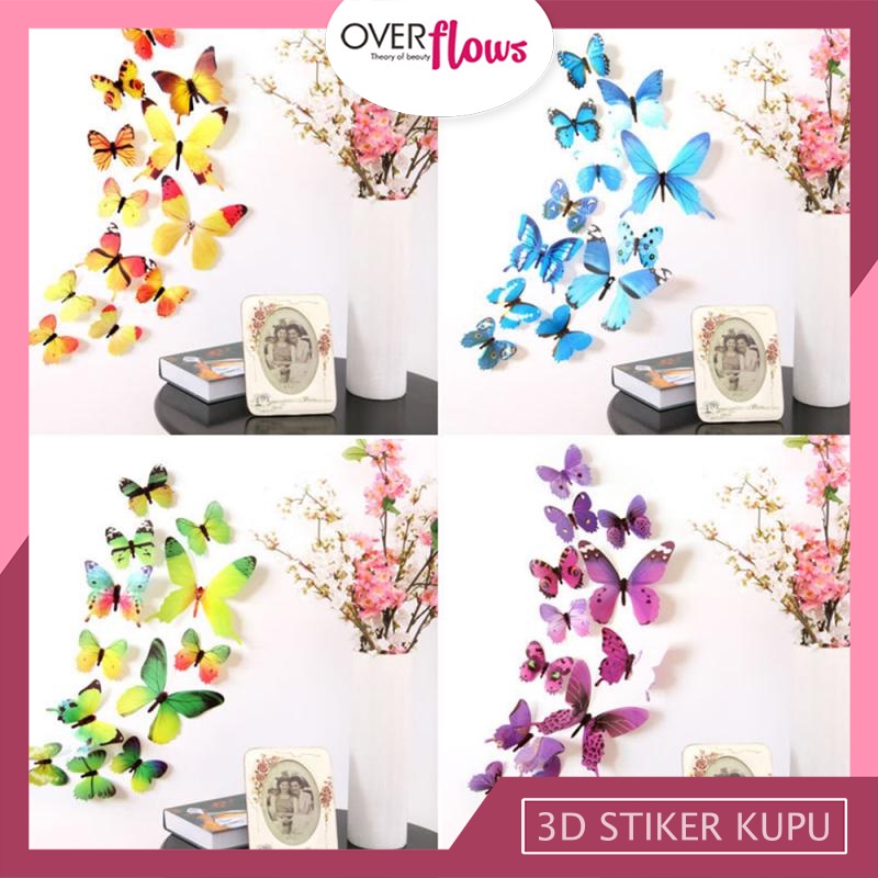 OVERFLOWS.ID 12 Pcs Stiker Dinding 3D Motif Kupu-Kupu Hiasan Dinding Butterfly Magnet Tempel