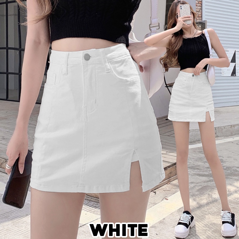 KARAKOREA 6808 Side Slit Strechable Denim Skirt with Pants/Rok Denim/Rok Jeans/Rok jeans wanita/Rok Jeans Korea/Rok wanita