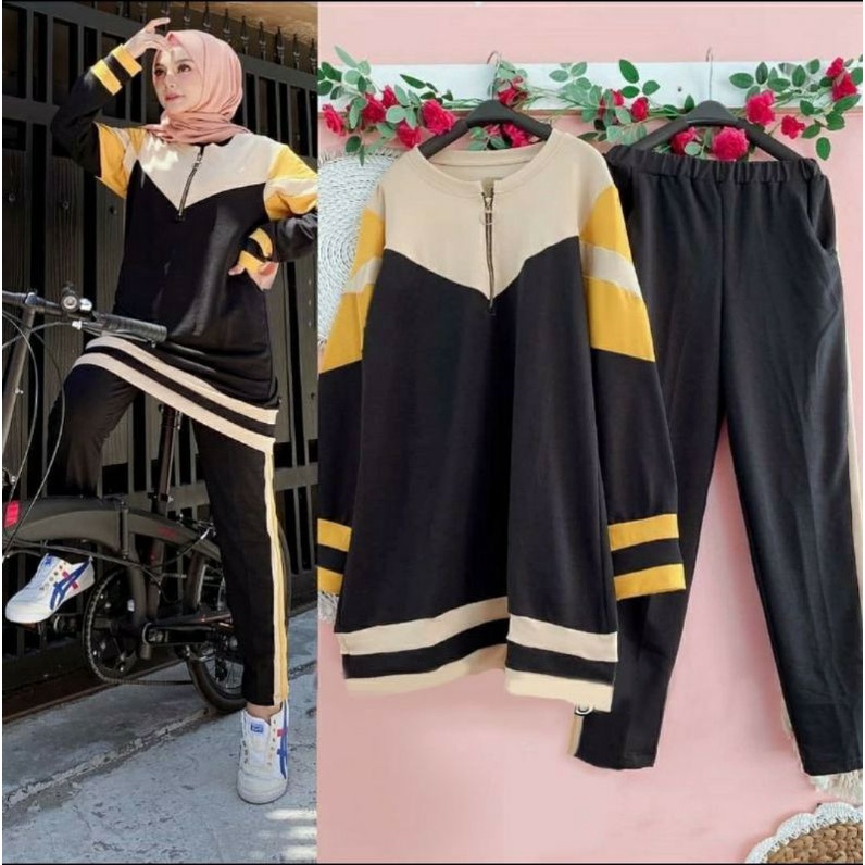 (set sella goes) baju olahraga wanita muslim muslimah set pakaian sport  jumbo sepeda yoga aerobic g
