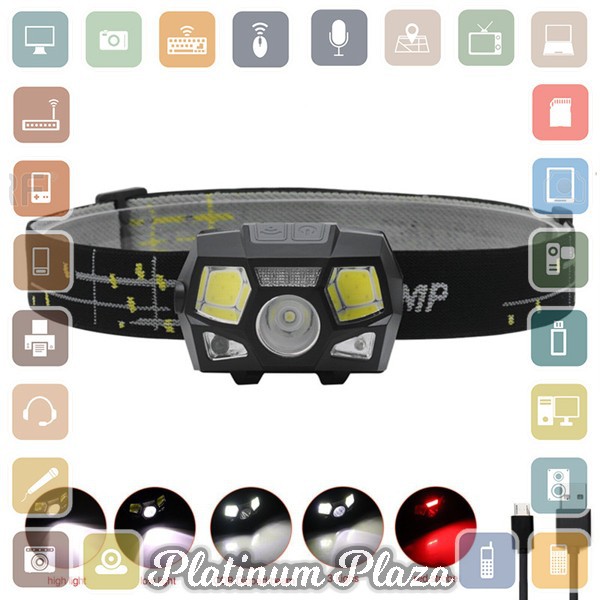 TaffLED Senter LED Kepala Headlamp Flashlight Rechargeable USB + Motion Sensor XPE+CO`24D6KJ-- Black