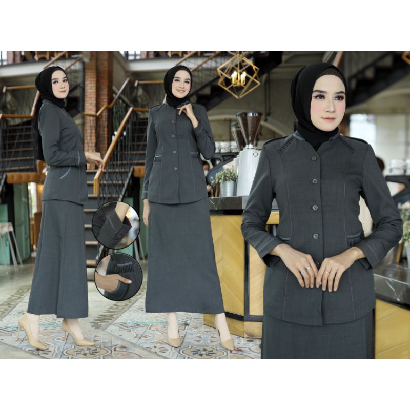 BAJU DINAS GURU ABU ABU TUA BAHAN POLYESTER KODE 902 / FREE HIJAB