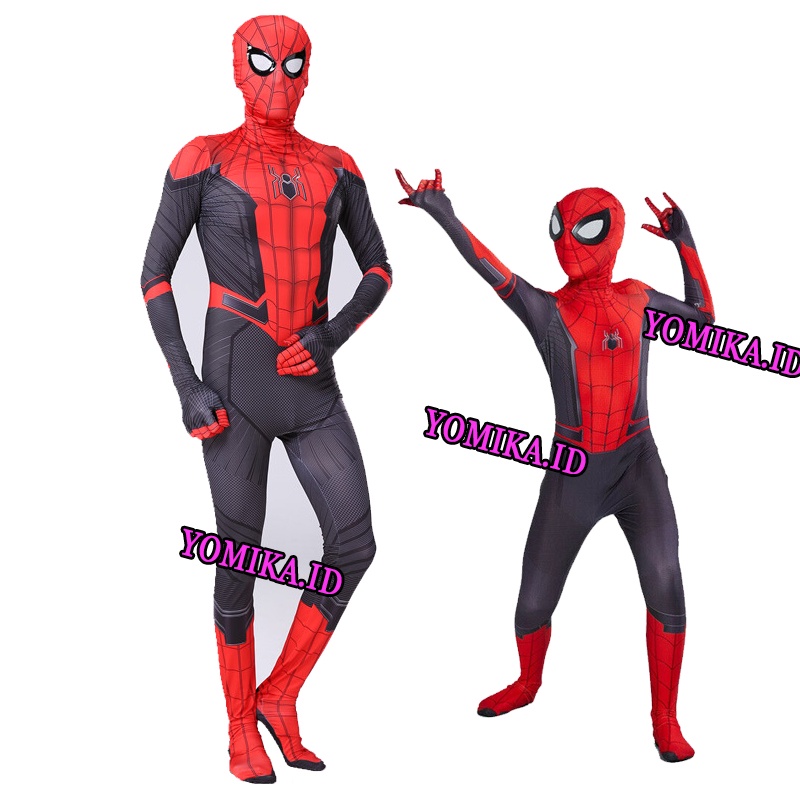 Kostum Spiderman Merah Hitam Baju Cosplay Superhero Anak Dan Dewasa + Topeng