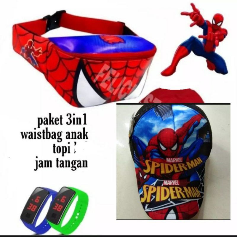 3in1 waistbag anak spidermaan+topi+jam digital