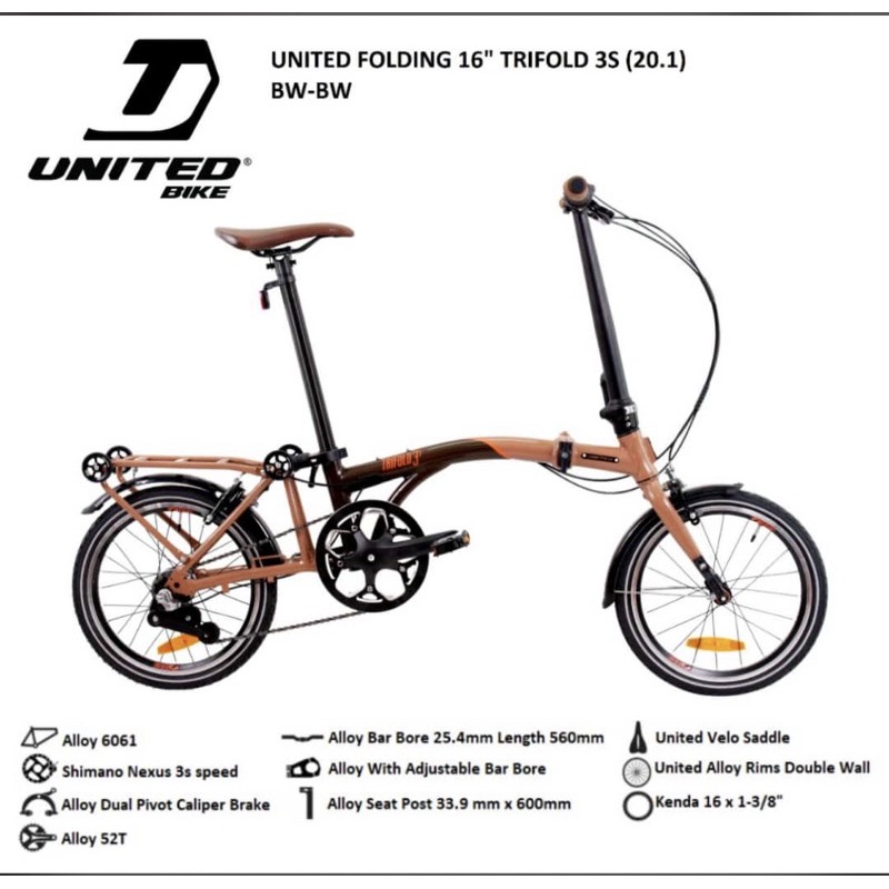 Sepeda Lipat United Trifold 1S dan 3 speed folding Garansi alloy Frame 5 tahun shimano ready stock-brown