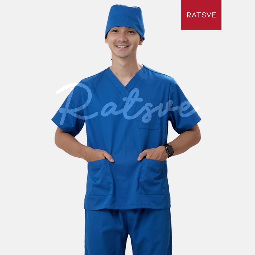 Baju Jaga Perawat / Setelan Baju OK Medis / Scrub Dokter Lengan Pendek Ratsve Warna Biru Elektrik