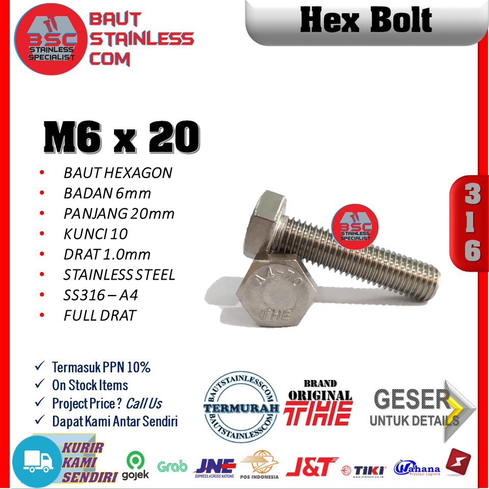 HEX BOLT STAINLESS SS316 - A2 BAUT HEX M6X20 KUNCI 10 ISI 10 PCS