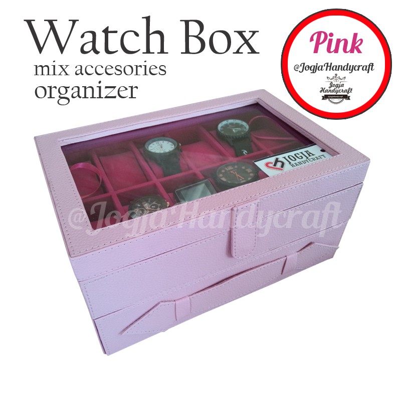 Baby Pink Watch Box For 12 Watches Mix Accesories / Kotak jam isi 12 mix laci tempat perhiasan