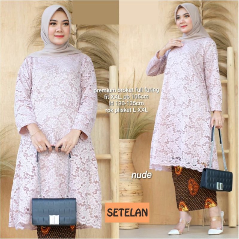 Glamo Setelan Kebaya Brokat Modern JUMBO LD 130-135 Full Furing Baju Set Brukat Pesta Kondangan