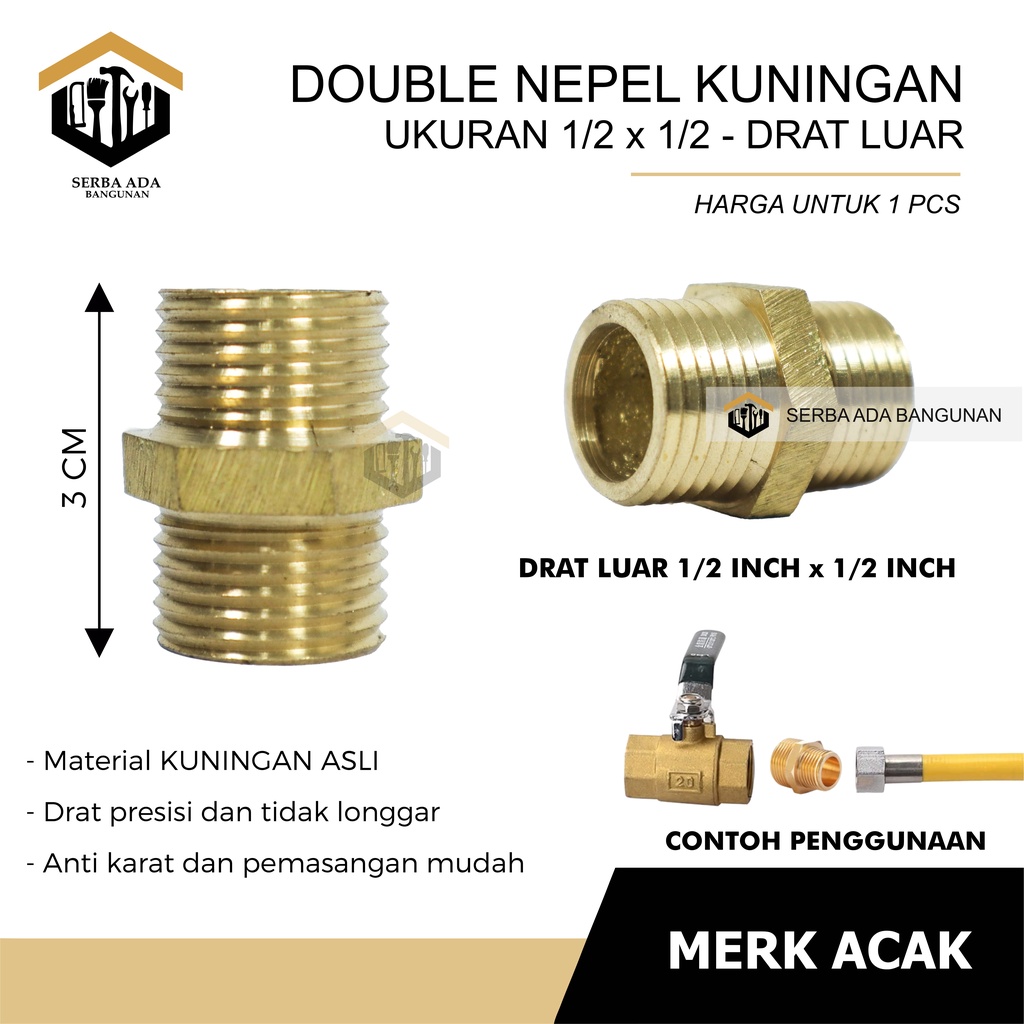 DOUBLE NAPLE NEPEL / NIPEL DRAT LUAR 1/2 &amp; 1/4 INCH SAMBUNGAN PIPA KRAN SERBAGUNA KUNINGAN STAINLE