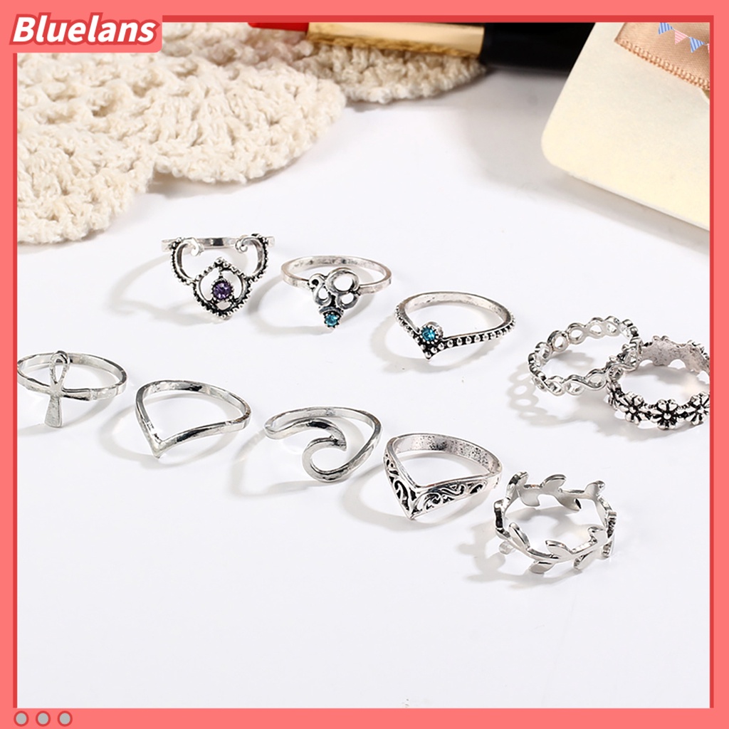 Bluelans 10pcs Knuckle Ring Vintage Flower Shape Women V Shape Knuckle Band