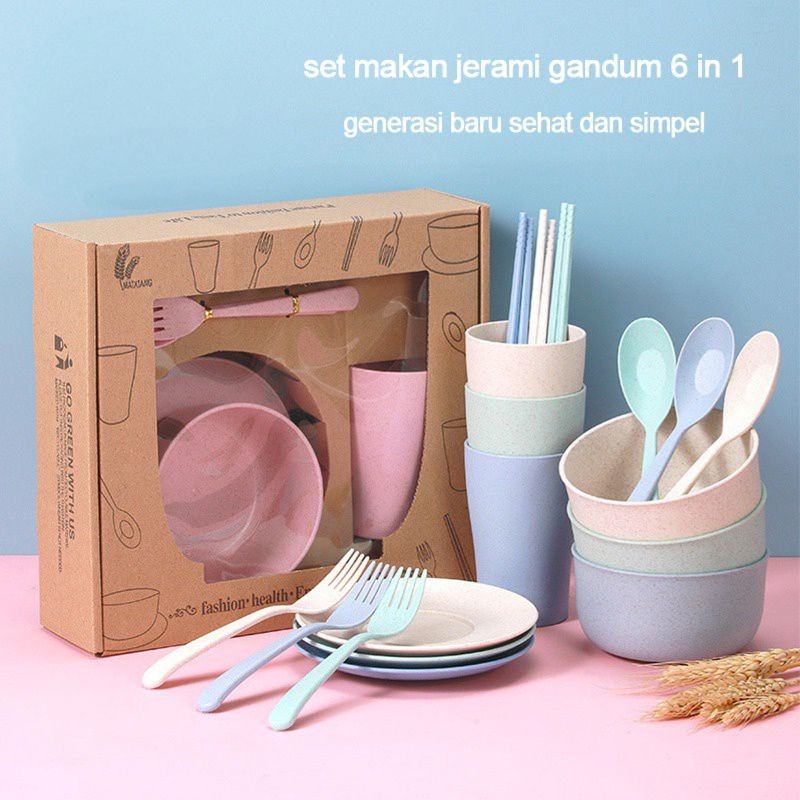 LALUGO set 6 in 1 alat makan cangkir sendok mangkok piring peralatan makan set