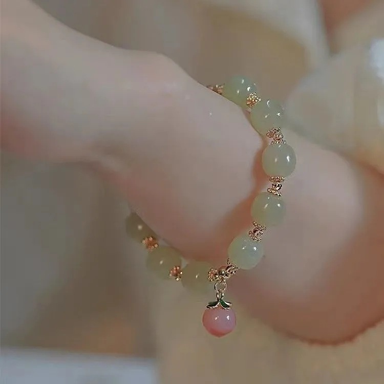 Ins Gelang Tangan Manik-Manik Batu Jade Hetian Natural Warna Peach Untuk Wanita ACKER