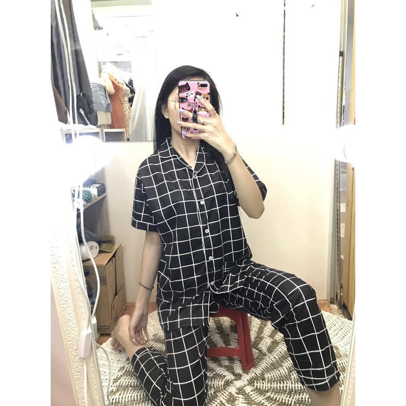 piyama/pajamas kotak&quot; CP cwe katun black.bajutidur/homewear/sleepwear katun CP cwe kotak&quot;cwekekinian