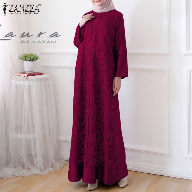 ZANZEA Women Muslim Retro Full Sleeve O-Neck Lace Patchwork Casual Maxi Dress